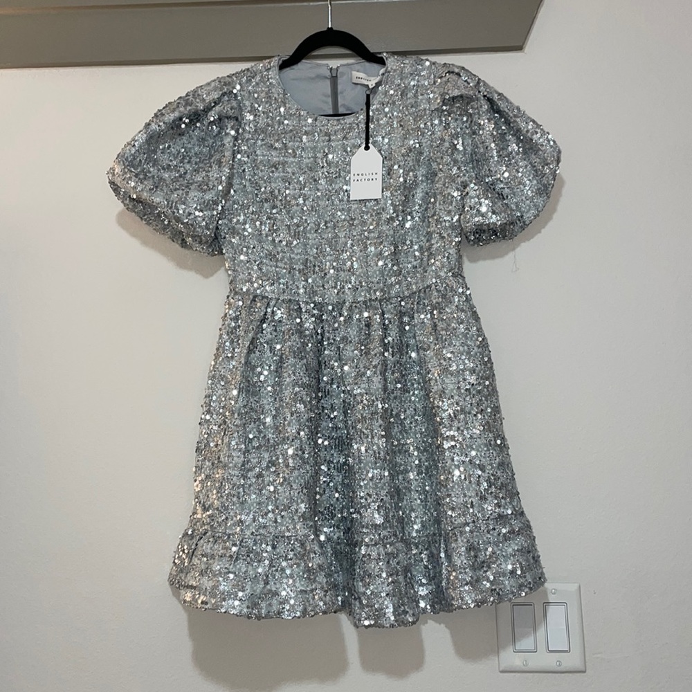 English Factory Silver Sequin Tweed Tiered Mini Dress SZ S NWT - Picture 4 of 7